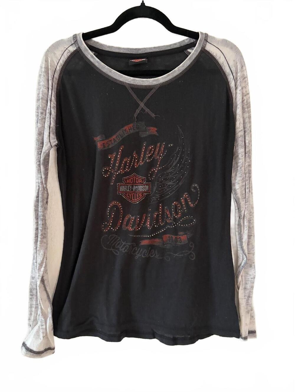 Harley-Davidson Womens XL Raglan Long Sleeve Tee Route 66 Graphic Black